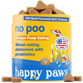 Happy Paws No Poo Chews bottle on kitchen counter for daily digestive support.