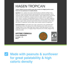 Close-up of Tropican 4mm granules showing easy eating and reduced mess.