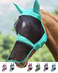 Harrison Howard CareMaster horse fly mask front view with secure closures and breathable fit.
