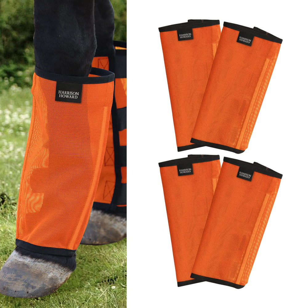 Harrison Howard fly boots orange full view for secure stay-on protection.