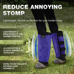 Harrison Howard fly boots feature stomp-reducing dense PVC shield for pasture wear.