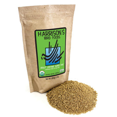 Harrison's Bird Foods Adult Lifetime Organic Small Bird 1lb bag shows complete nutrition for small birds.