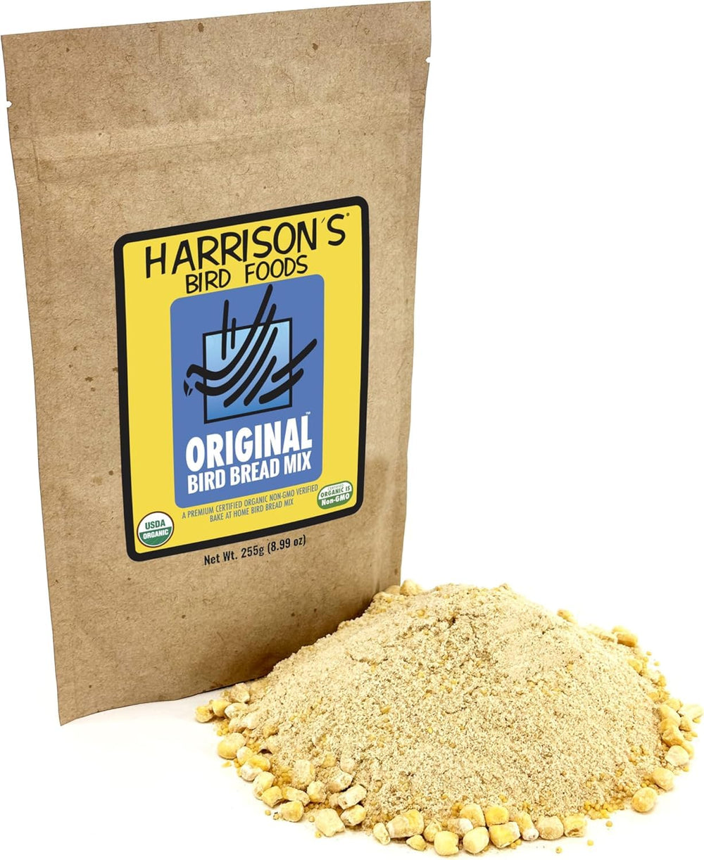 Harrison's Bird Foods Original Bread Mix pack shows organic ingredients for a nutritious bird treat.