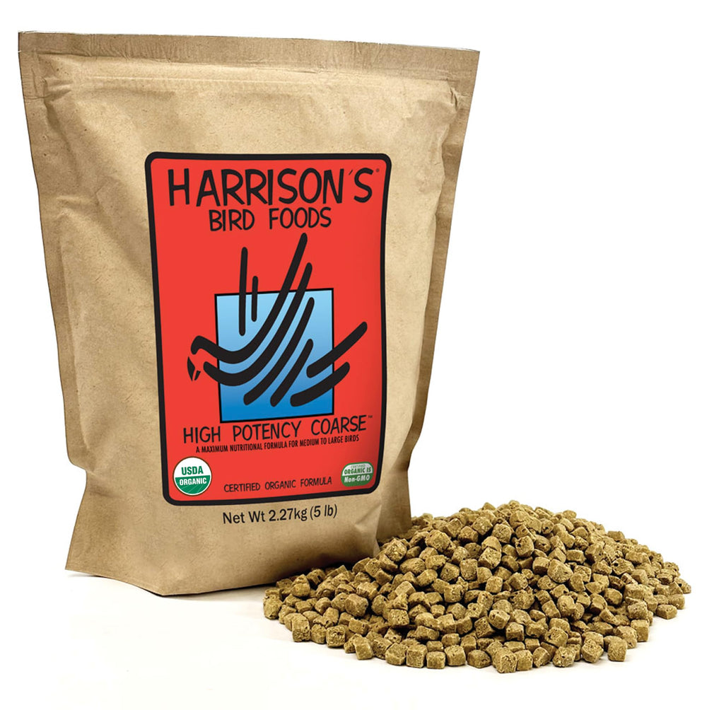 Harrison's High Potency Coarse bird food bowl highlights balanced nutrition for medium to large parrots.