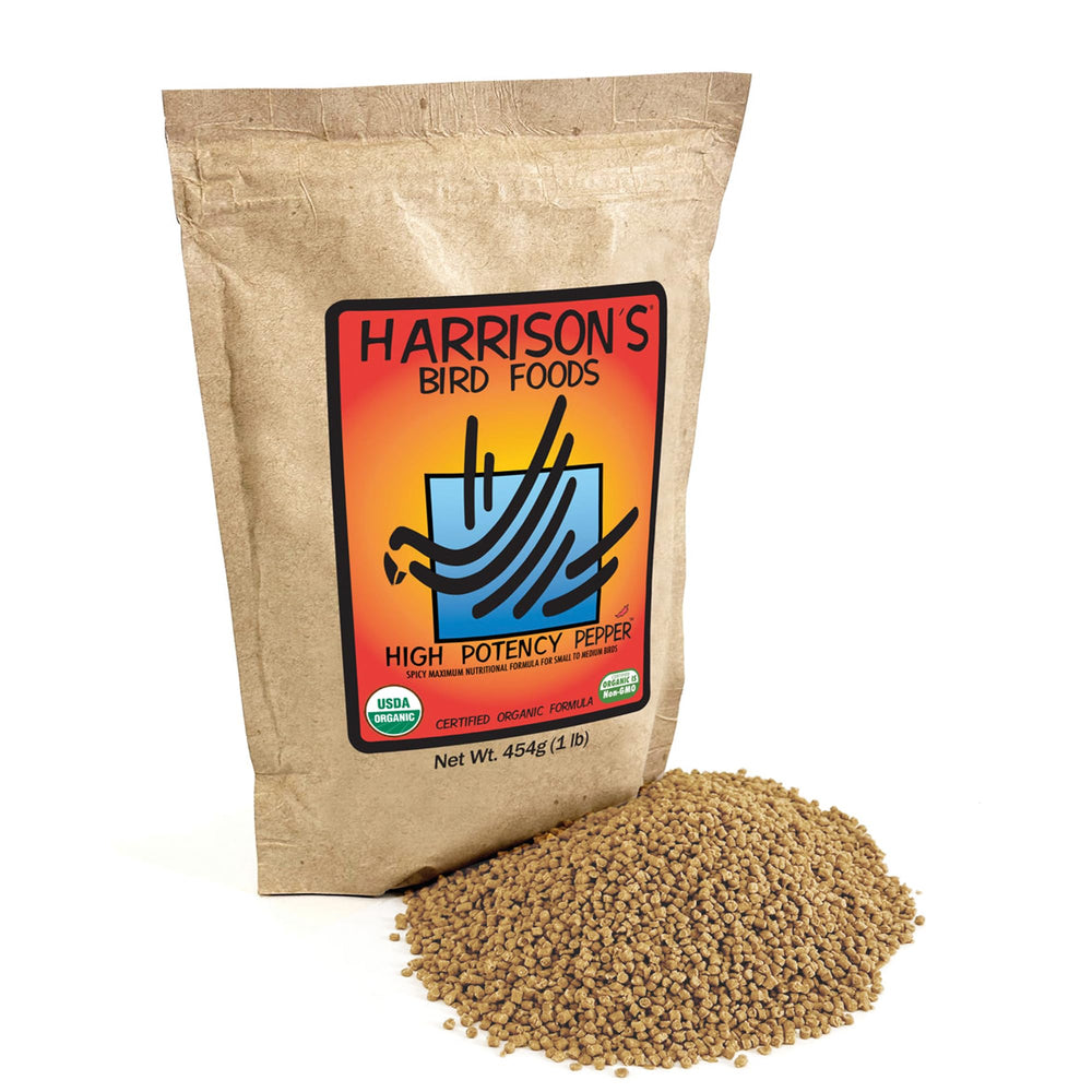 Harrison's High Potency Pepper packshot highlights organic, non-GMO bird food for small to medium species.