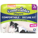 Hartz Comfitables diapers front packaging showing unisex denim design and easy wear