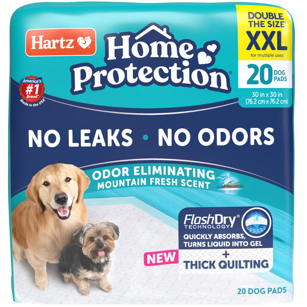 Hartz Home Protection XXL dog pads in packaging with Mountain Fresh scent provide odor control.