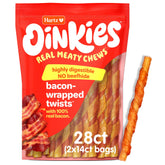 Hartz Oinkies Bacon Wrapped Twists outer pack showing real bacon flavor for dogs.