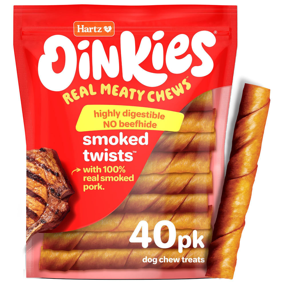 Hartz Oinkies smoked twists bag showing the resealable pouch and treats inside for freshness.