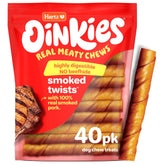 Hartz Oinkies smoked twists bag showing the resealable pouch and treats inside for freshness.