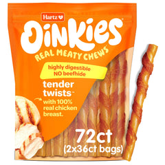 Hartz Oinkies Tender Twists real-chicken-core chew, highly digestible for dogs