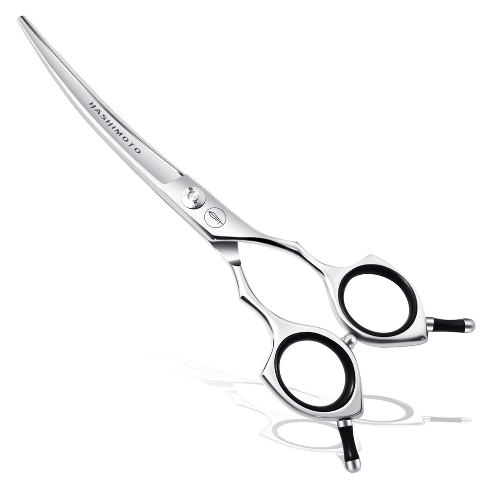 HASHIMOTO dog grooming scissors with curved blade and large finger holes for comfortable handling.
