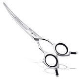 HASHIMOTO dog grooming scissors with curved blade and large finger holes for comfortable handling.