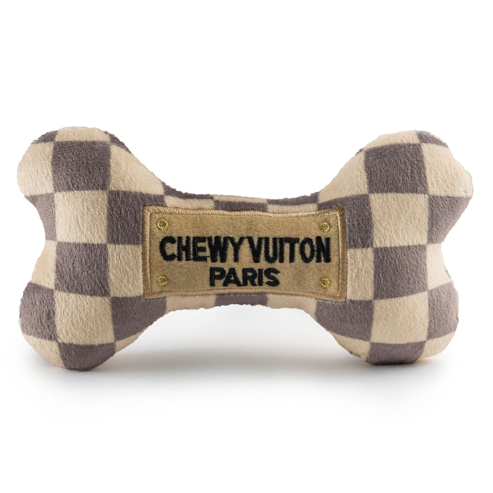 Haute Diggity Dog Chewy Vuiton bone toy in tan checker ideal for gentle fetch and squeaky fun.