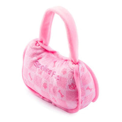 Pink checker handbag plush by Haute Diggity Dog, ideal for cuddles and gentle chewing
