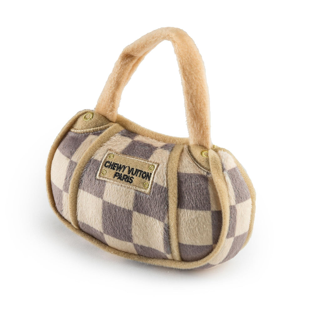Haute Diggity Dog Chewy Vuiton handbag toy tan checker for playful fetch