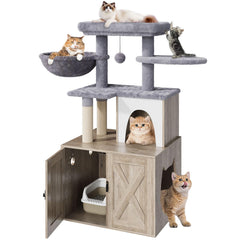 HavenlyYouth cat tree with litter box enclosure offers convenient hideaway and clean litter access.