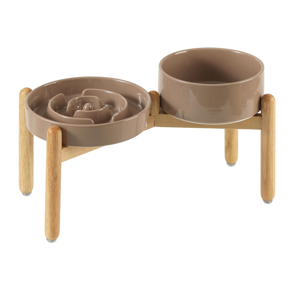 Havniva ceramic raised slow feeder bowl on wooden stand promotes slower meals.