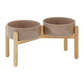Havniva raised dual bowls on wooden stand facilitate easy access for large dogs.