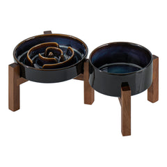 Havniva elevated slow feeder bowl with acacia stand for mess-free meals.