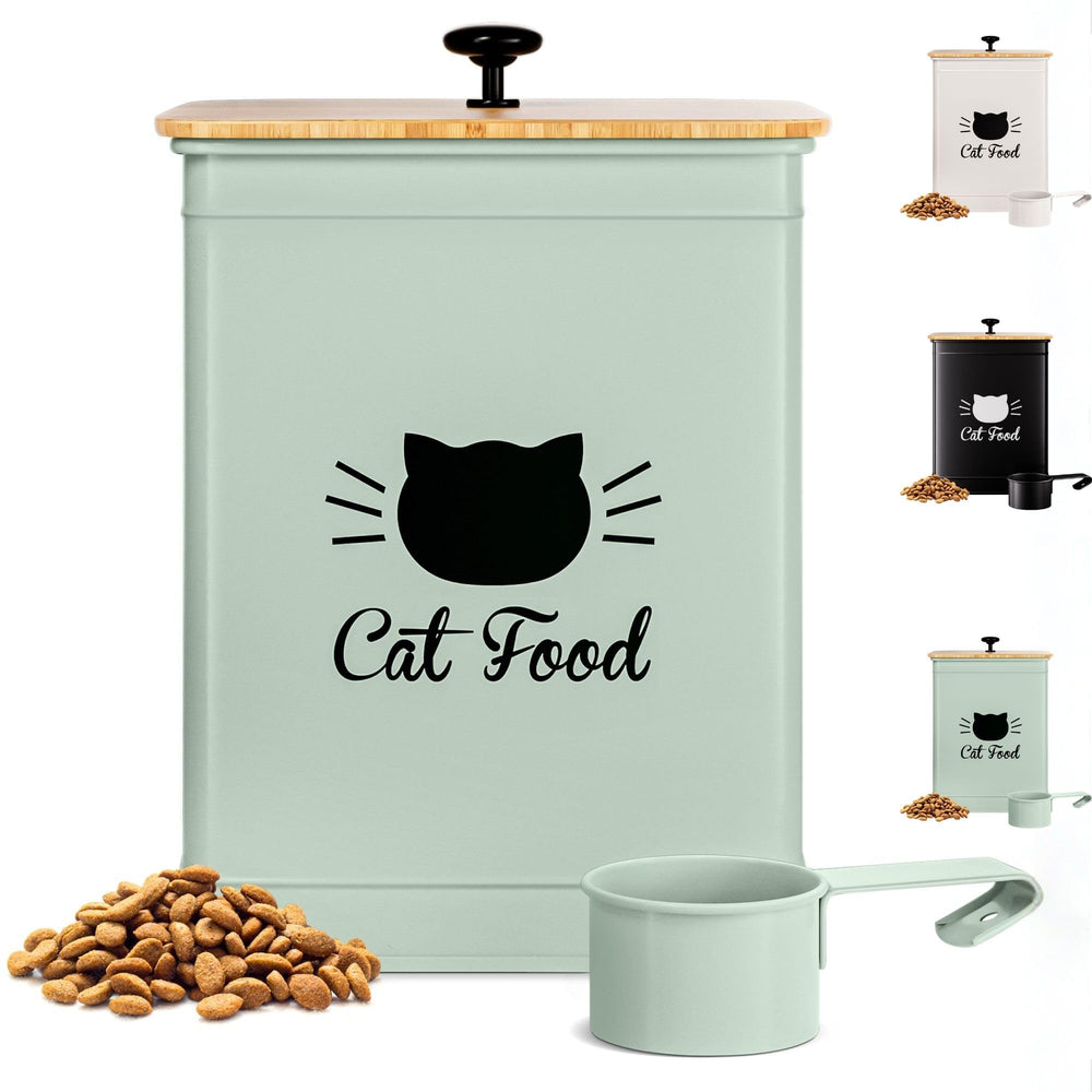 HB Design Co cat food container with sage lid keeps kibble fresh and easy to scoop