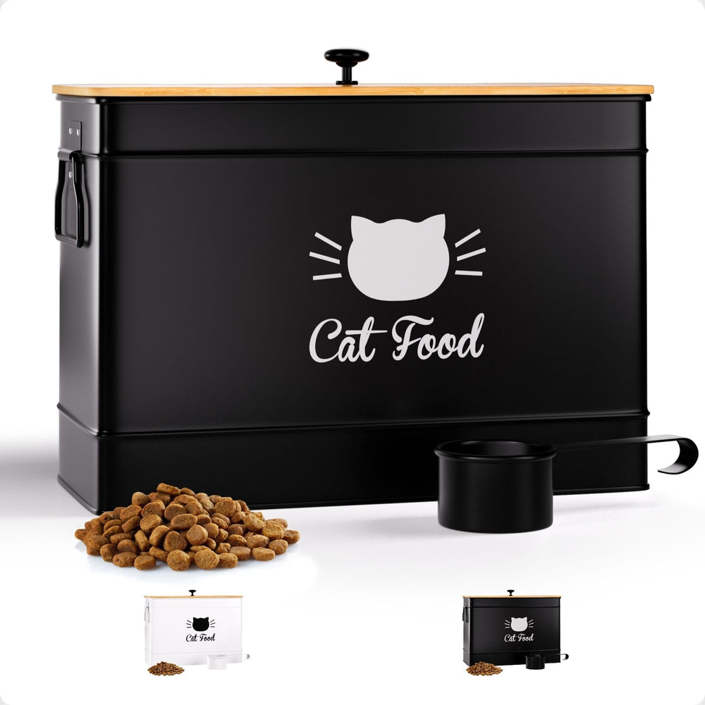 HB Design Co cat food container with scoop and airtight lid keeps kibble fresh.
