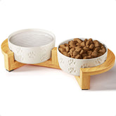 HB Design Co ceramic dog bowls with stand, front view, elevates feeding height for comfort.