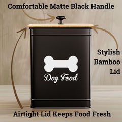 HB Design Co. matte black dog food bin for stylish kitchen storage.