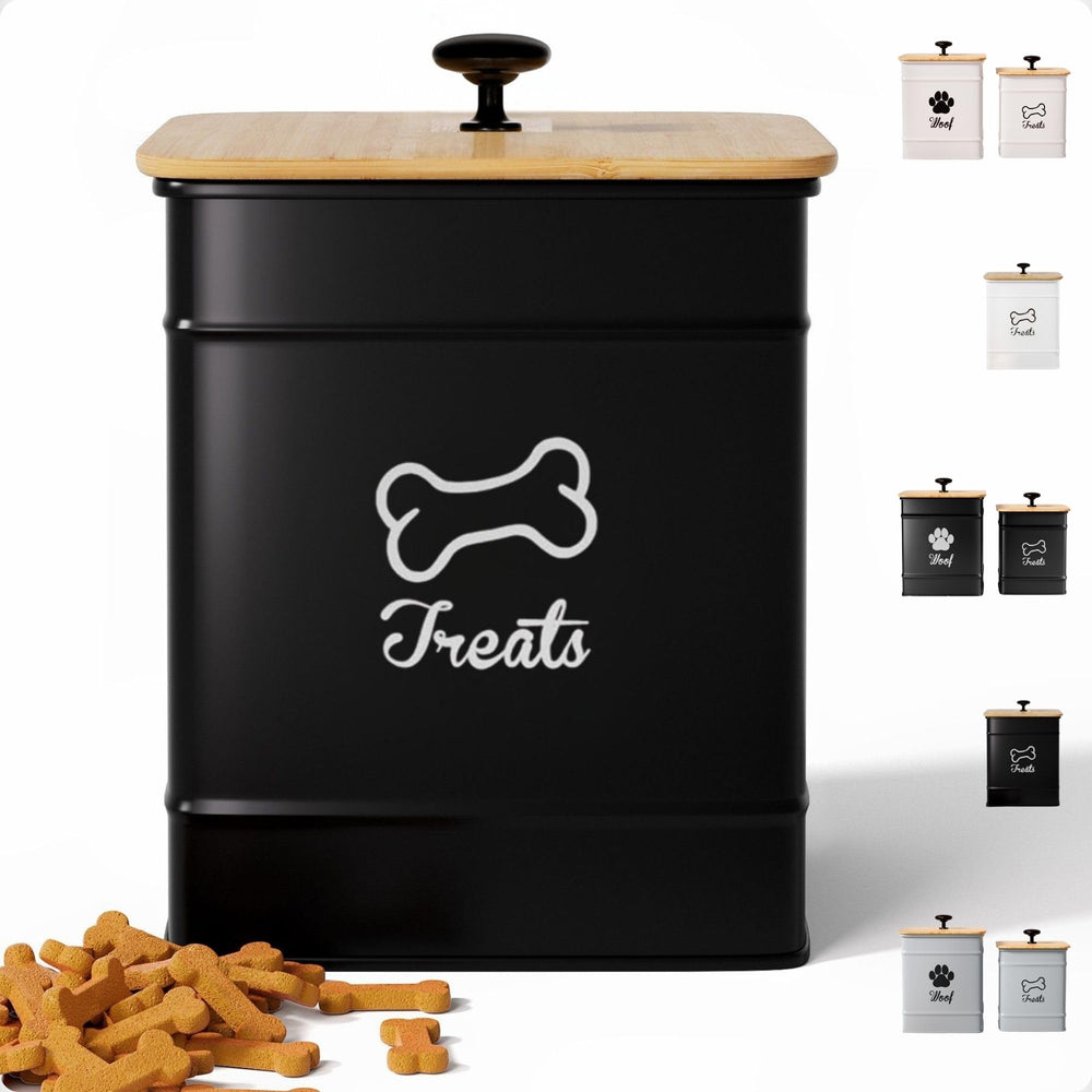 HB Design Co. dog treat container with airtight lid for freshness.
