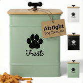 HB Design Co dog treat container with airtight lid keeps treats fresh on a kitchen counter.