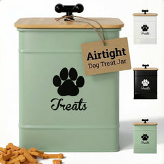 HB Design Co dog treat container with airtight lid keeps treats fresh on a kitchen counter.