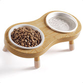 HB Design Co elevated cat bowls on bamboo stand, front view for improved posture