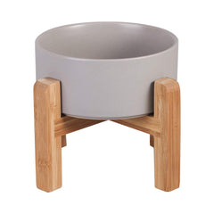 HCHLQLZ elevated ceramic cat bowl with wood stand, side view highlights spill-resistant design.