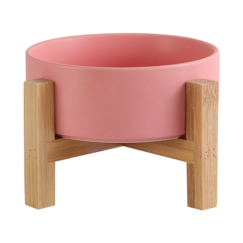 HCHLQLZ elevated ceramic cat bowl on bamboo stand in pink for comfortable feeding