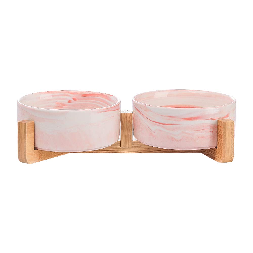 HCHLQLZ marble pink ceramic cat dog bowl with wood stand for mess-free feeding.