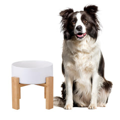 HCHLQLZ raised ceramic dog bowl on bamboo stand for comfortable feeding
