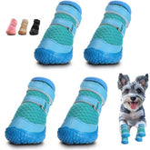 Hcpet blue dog shoes on paw with secure strap for outdoor adventures.