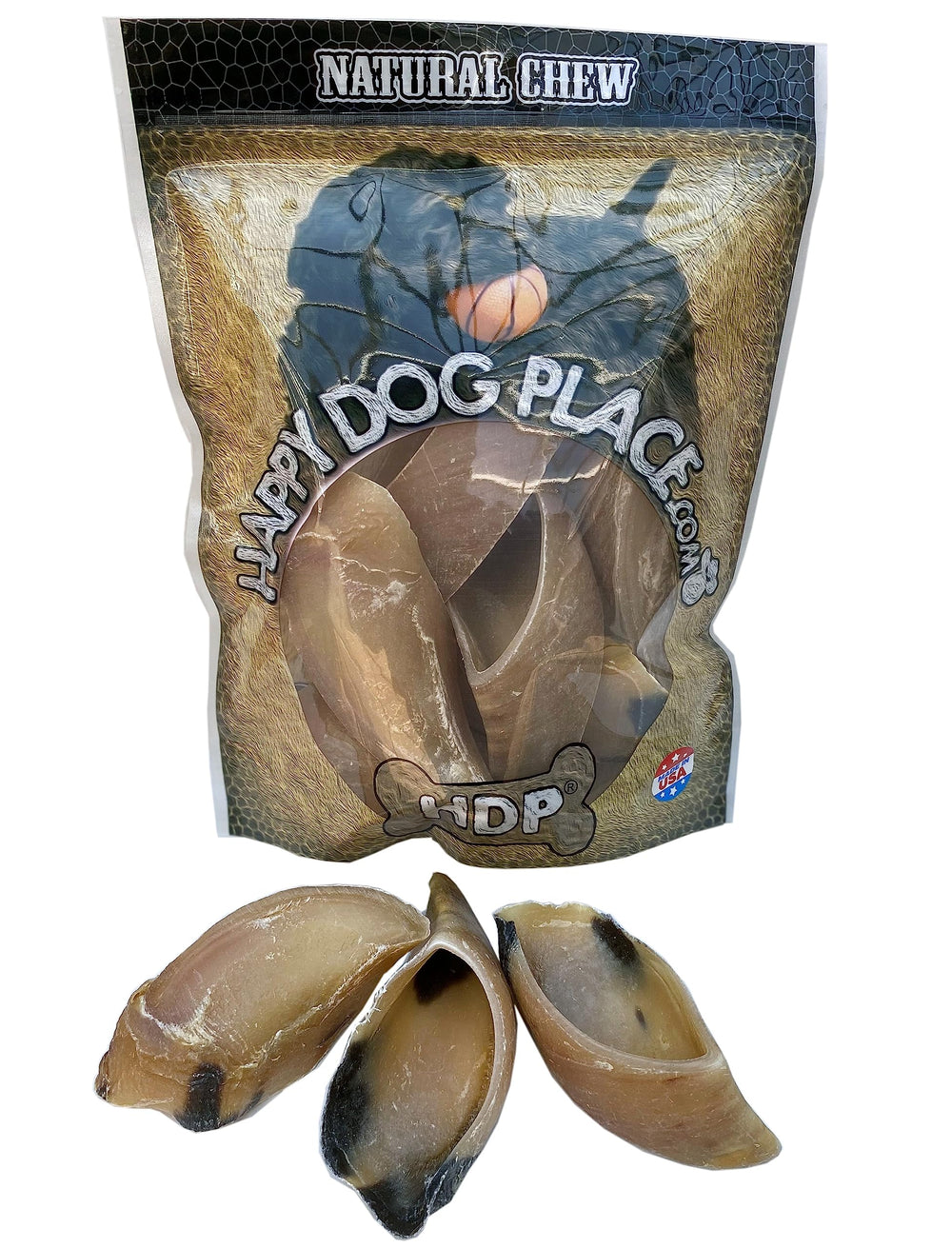 HDP Large Hooves Naturals packaging shot highlights USA-made, all-natural dog chew.