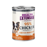 Health Extension 95% Chicken wet dog food cans show protein-rich base for dogs