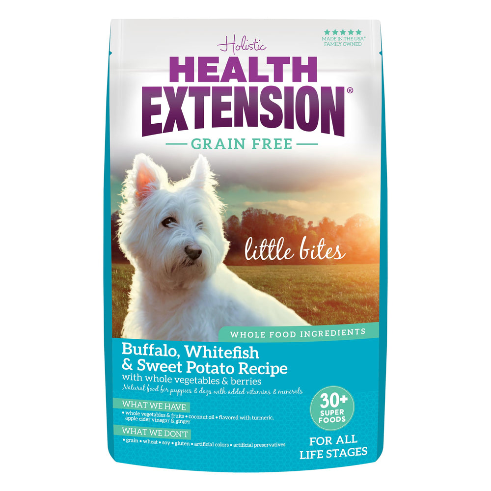 Health Extension Buffalo & Whitefish Little Bites bag open, tiny kibble pieces ideal for teacups.
