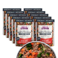 Health Extension Gently Cooked Beef and Potato dog food bowl-ready for convenient mealtime.