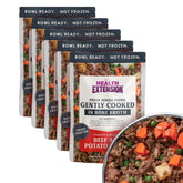 Health Extension gently cooked beef-potato dog food bowl showing home-style flavor for dogs.
