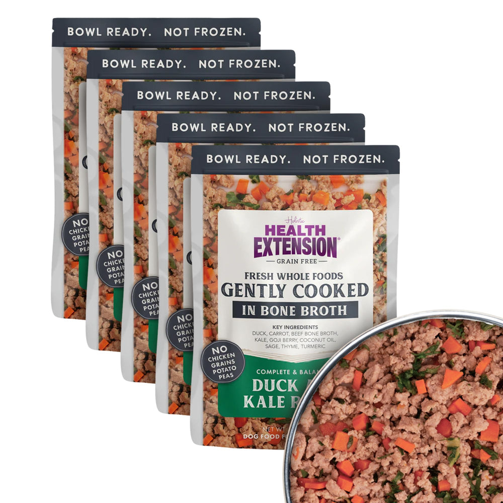Health Extension Gently Cooked Duck & Kale dog food pouch shows home-cooked quality and convenience
