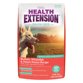 Health Extension grain-free buffalo-whitefish bag showing lean protein for all life stages.