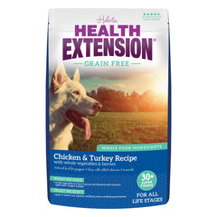 Health Extension grain-free chicken-turkey dog food bag front for all life stages.