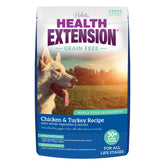 Health Extension grain-free chicken and turkey dog food bag promotes lean protein for active dogs.