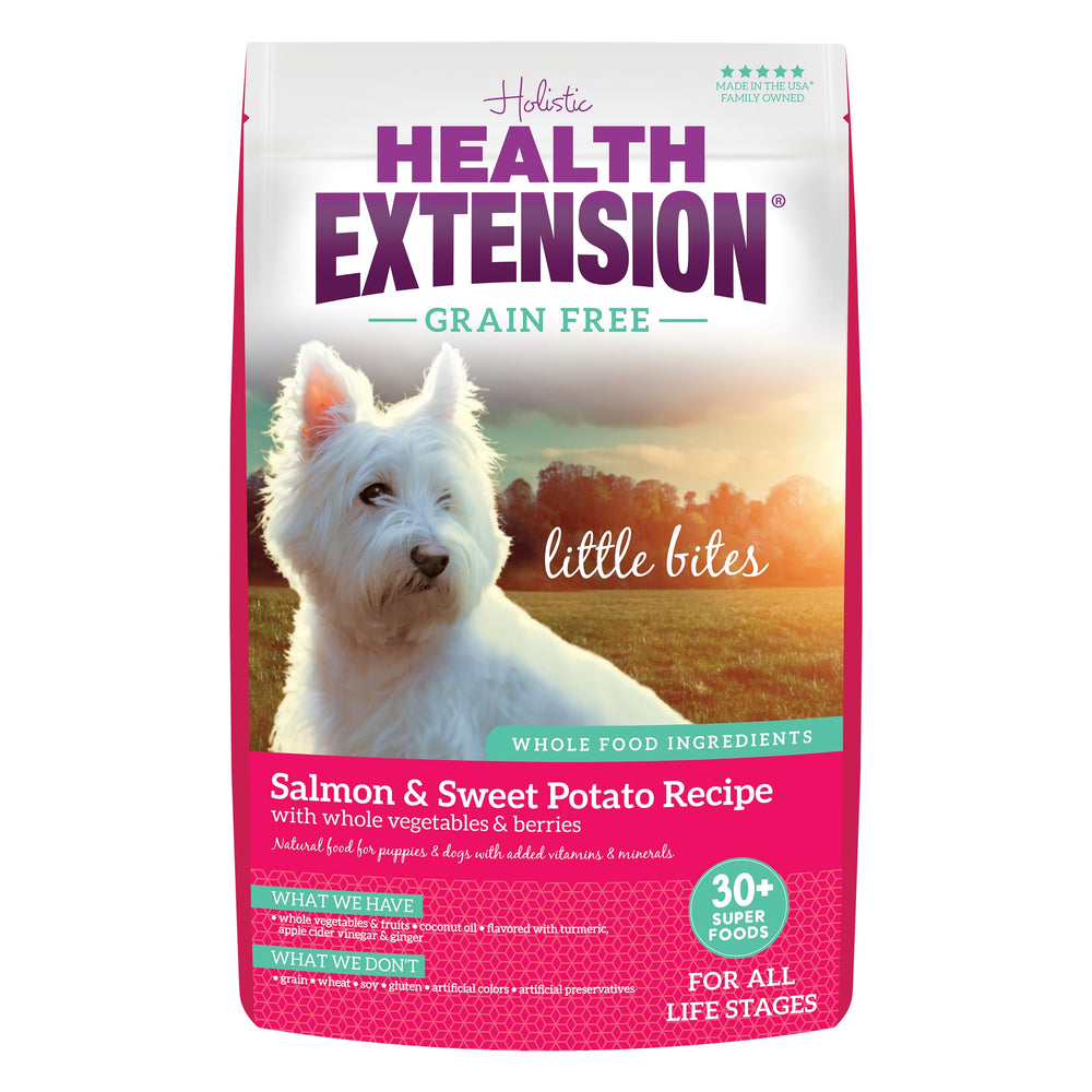 Health Extension grain-free salmon small bites bag front view, easy feeding for teacups.