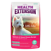 Health Extension grain-free salmon small bites bag front view, easy feeding for teacups.