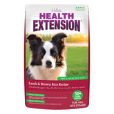 Health Extension lamb and brown rice dry dog food bag highlighting lean protein for strong muscles.