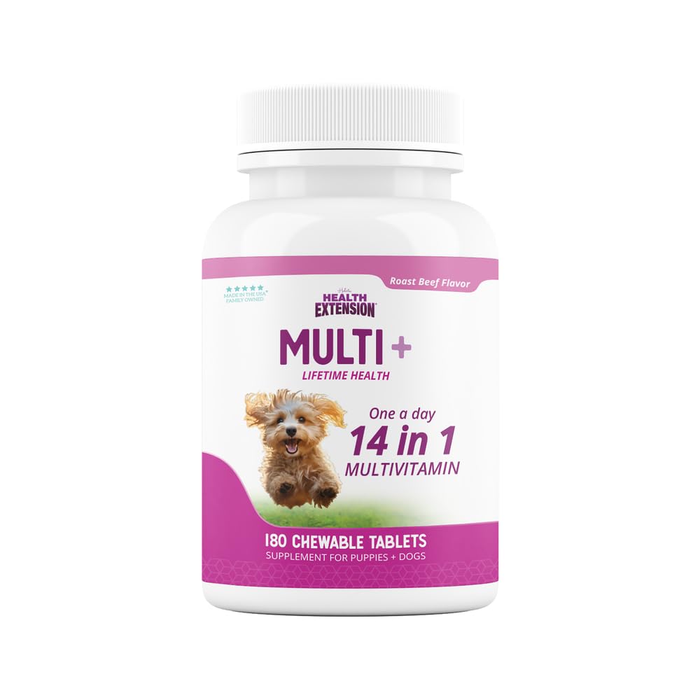 Health Extension bottle with dog chews for daily vitality and complete nutrition.